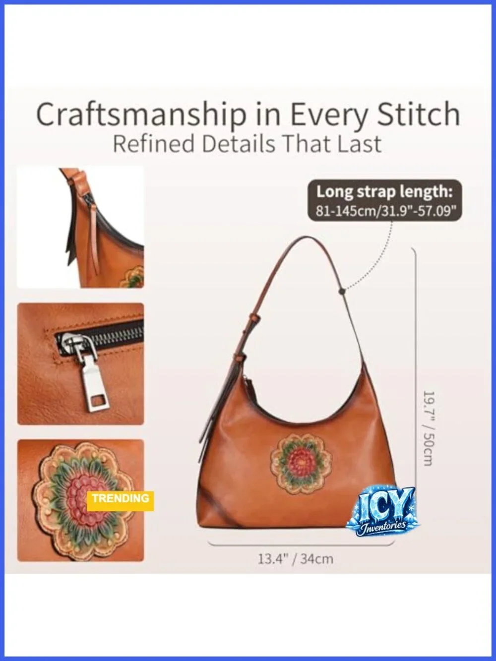 Genuine Cowhide Leather Handcrafted Embossed Floral Hobo Shoulder Bag Large